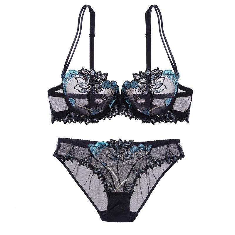 European and American Sexy Lingerie Transparent Mesh Embroidered Bra Set