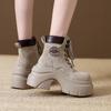 8CM Women New Autumn Winter Leather Mid-calf Boots Chunky Heels Motorcycle Boots Woman Thick Bottom High Platform Short Booties