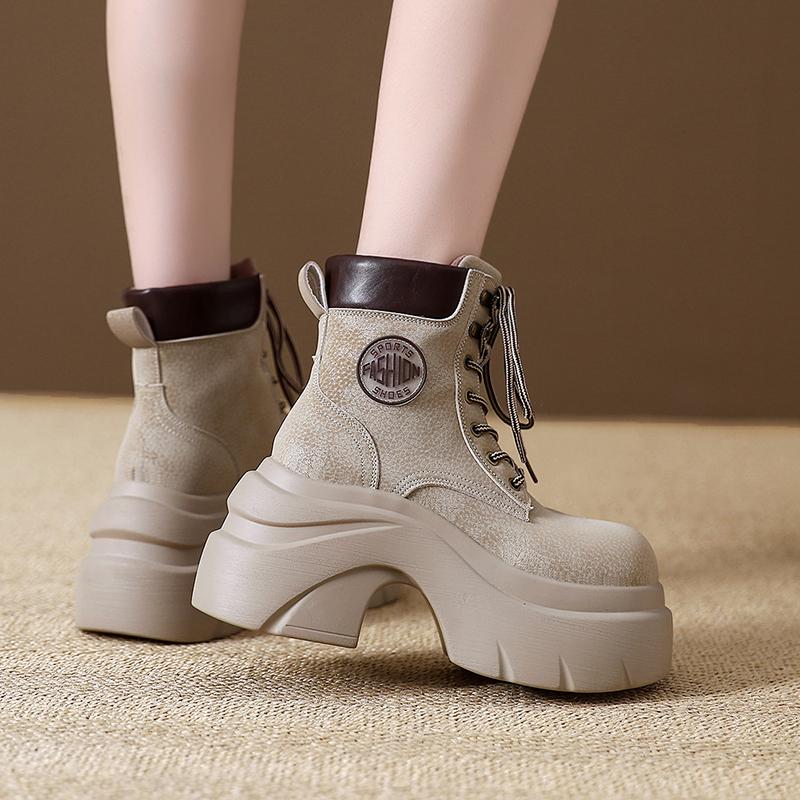 8CM Women New Autumn Winter Leather Mid-calf Boots Chunky Heels Motorcycle Boots Woman Thick Bottom High Platform Short Booties