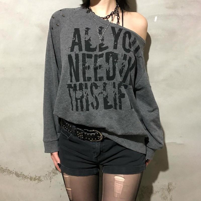 Womens Streetwear Long Sleeve Cropped Hoodie With Rivet Embellishment Graphic Print Asymmetrical Neckline Plus Size S M L