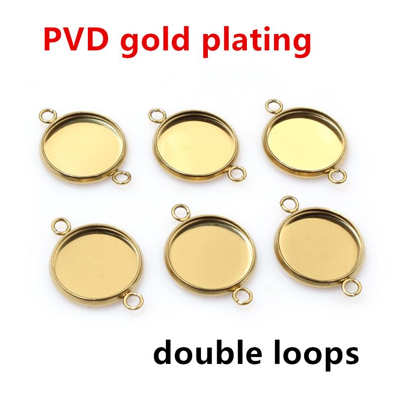 New 20pcs 12mm Inner Size Stainless Steel Gold Plated Single/Double Loop Style Cabochon Base Cameo Setting Charms Pendant Tray