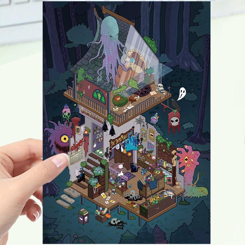 Kreslené krajinné samolepky Vícenásobný miniaturní svět 3D chata Rozbalit DIY scéna Ruční příspěvek