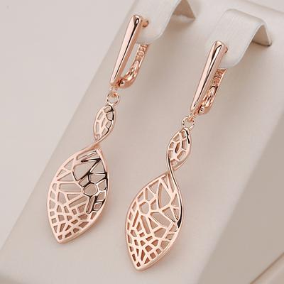 Color Oro Rosa Forma de Hoja Pendientes Largos Colgantes para Mujer Diseño Hueco Joyería Vintage de Moda Pendiente Elegante Inglés