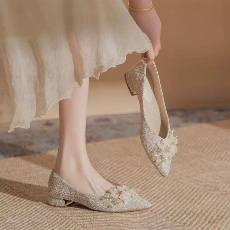 Low Heel Two Wear Pointed Thick Heel Shallow Mouth Single Shoes Flat Sole Not Tired Foot Single Shoes 2025 Spring and Summer Beautiful Flower Wedding