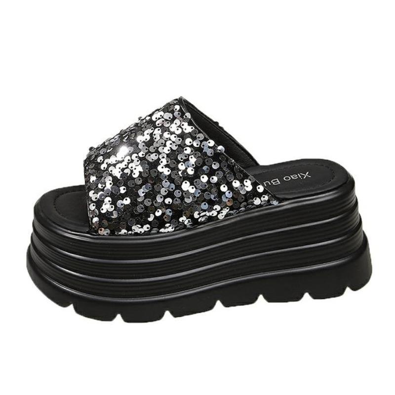 Fashion 8CM Thick Bottom Summer Bling Slippers Women's Sandals Women Wedges High Platform Flat Shoes Woman Beach Open Toed Flip Flops