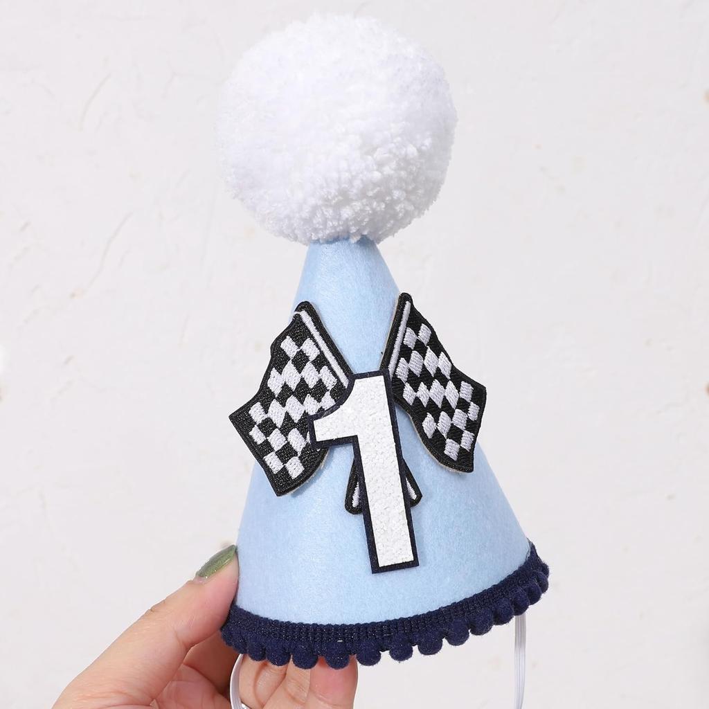 Fast One 1st Birthday Hat for Boys - Blue Race Car Themed Crown and Decorations for First Birthday Celebration