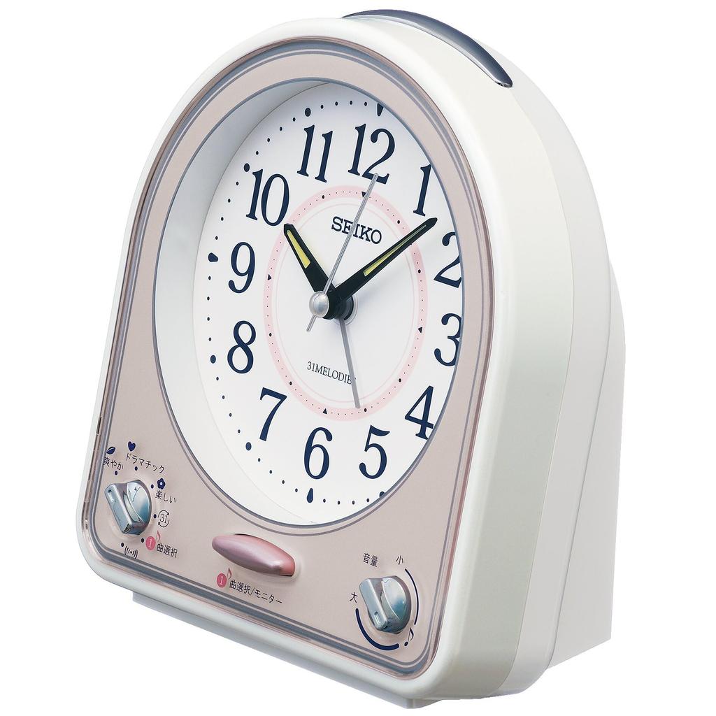 Seiko Clock QM750P Alarm 31 Melody White Pearl with Pink 139 X 126 X 70mm Clock, Analog, Songs, Pearl,