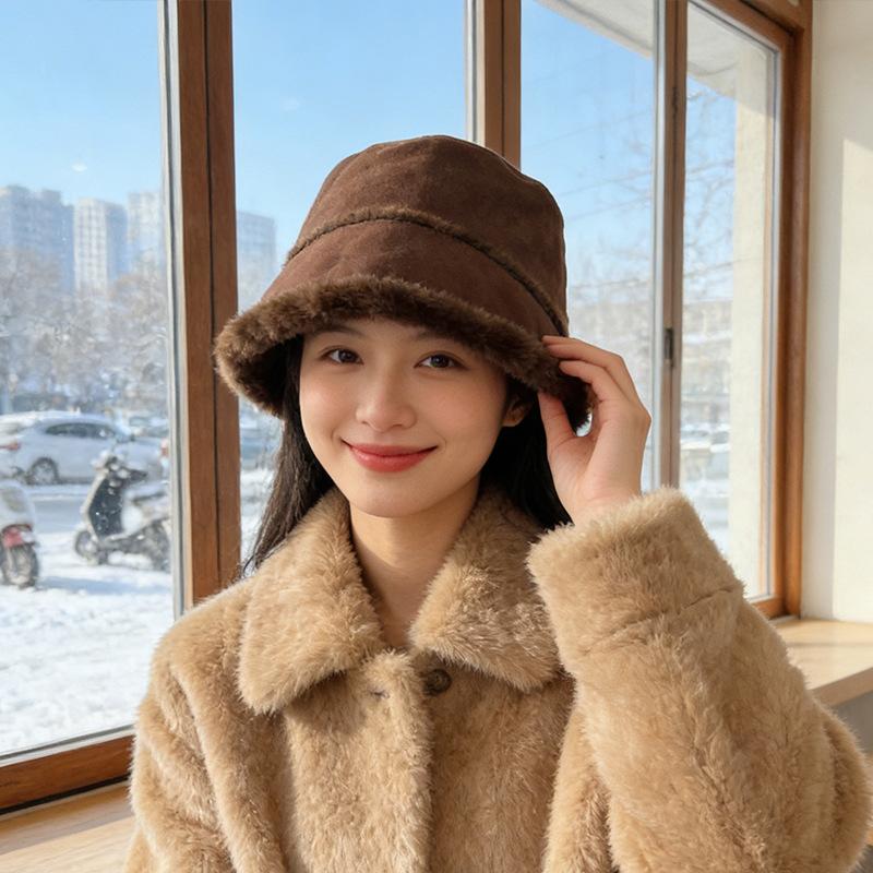 Warm bucket hat thick fur integrated temperament versatile show washbasin hat