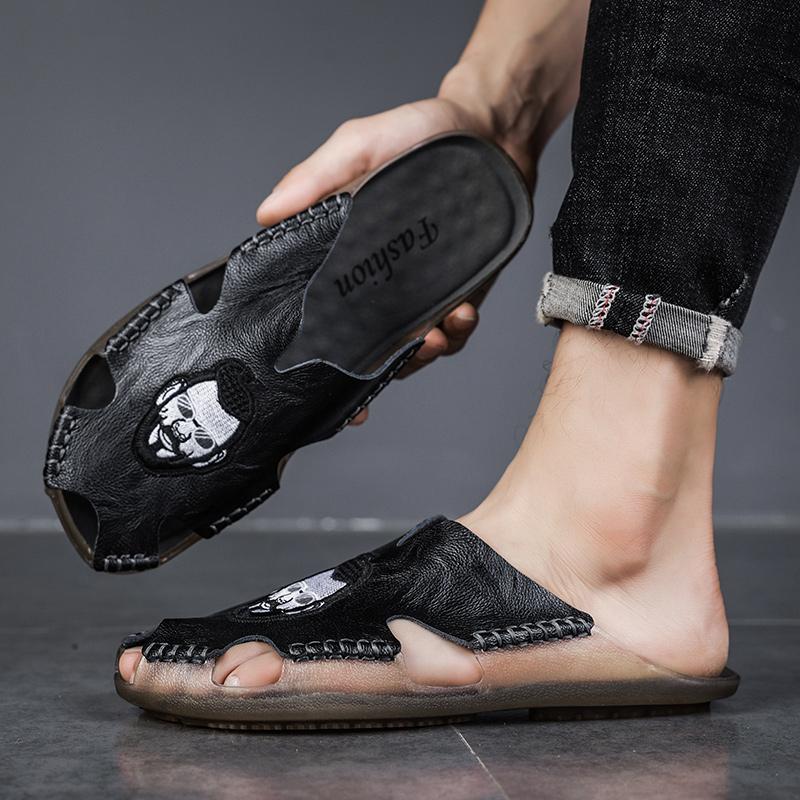 Summer Men's Flat Slippers Extra Wide Slide Sandals Outdoor Beach Open Toe Casual Soft Walking Leather Sandals