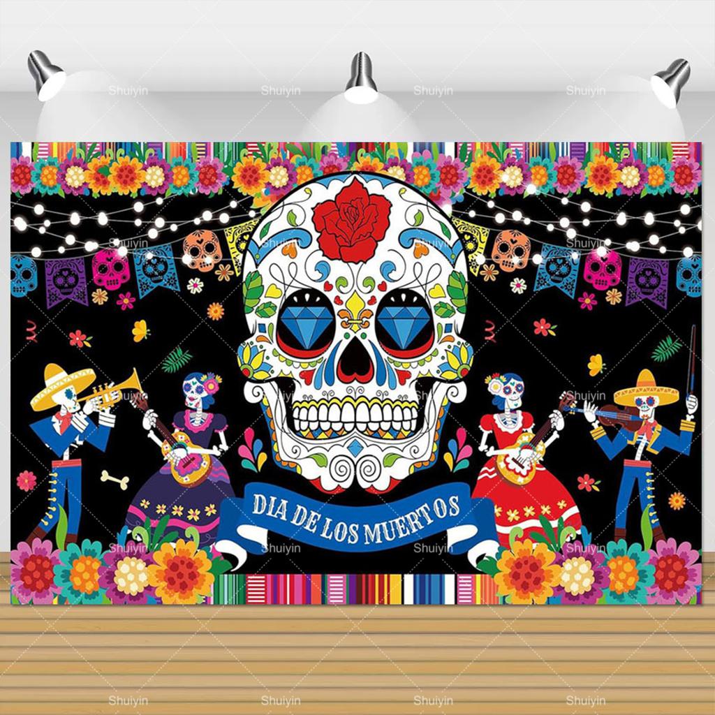 1pc Mexican Day of the Dead Background Skeletons Guitar Dia De Muertos Festive Decoration Party Supplies Fiesta Photo Shoot Prop