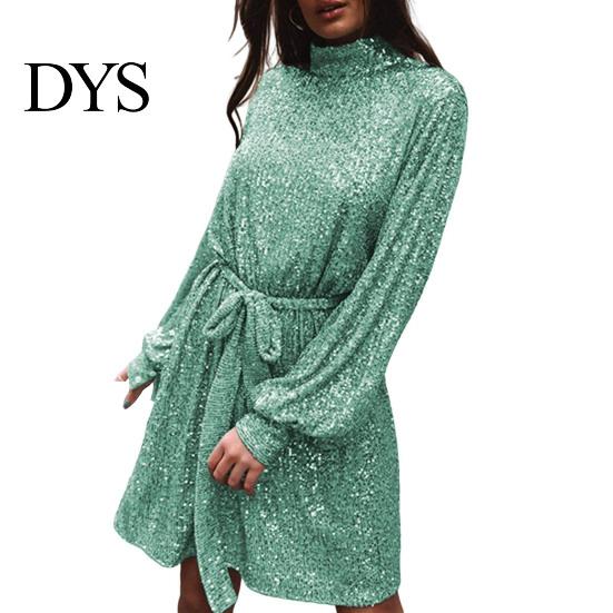 Solid Sequin Dress for Women Sequined Lace Up O-neck Long Sleeve Short Color Center of Attention Spring Autumn with Waist Tie Parties Weddings