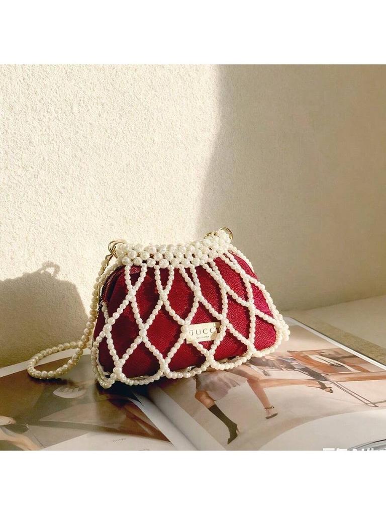 Designer Original Half Moon Bag - Handcrafted Red Crossbody with Detachable Pearl Strap, Artisan DIY Inspired Clutch GUCCI-GIFT-53