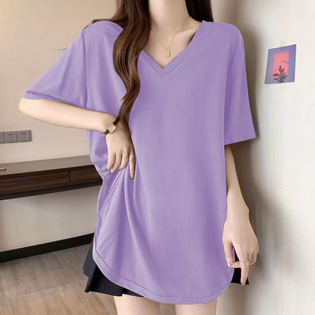 Slimming V-Neck Short Sleeve T-Shirt for Women Mid-Length Casual Loose Fit Polyester Summer Top Cover Belly Versatile Shoulder