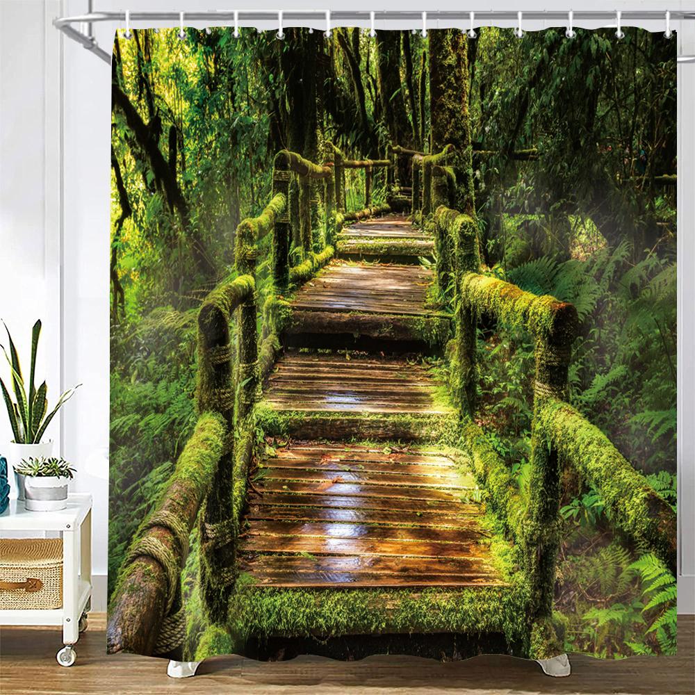 Modern 3D Printing Forest Shower Curtain Green Plant Tree Landscape Bath Curtain With Hooks For Bathroom waterproof scenery