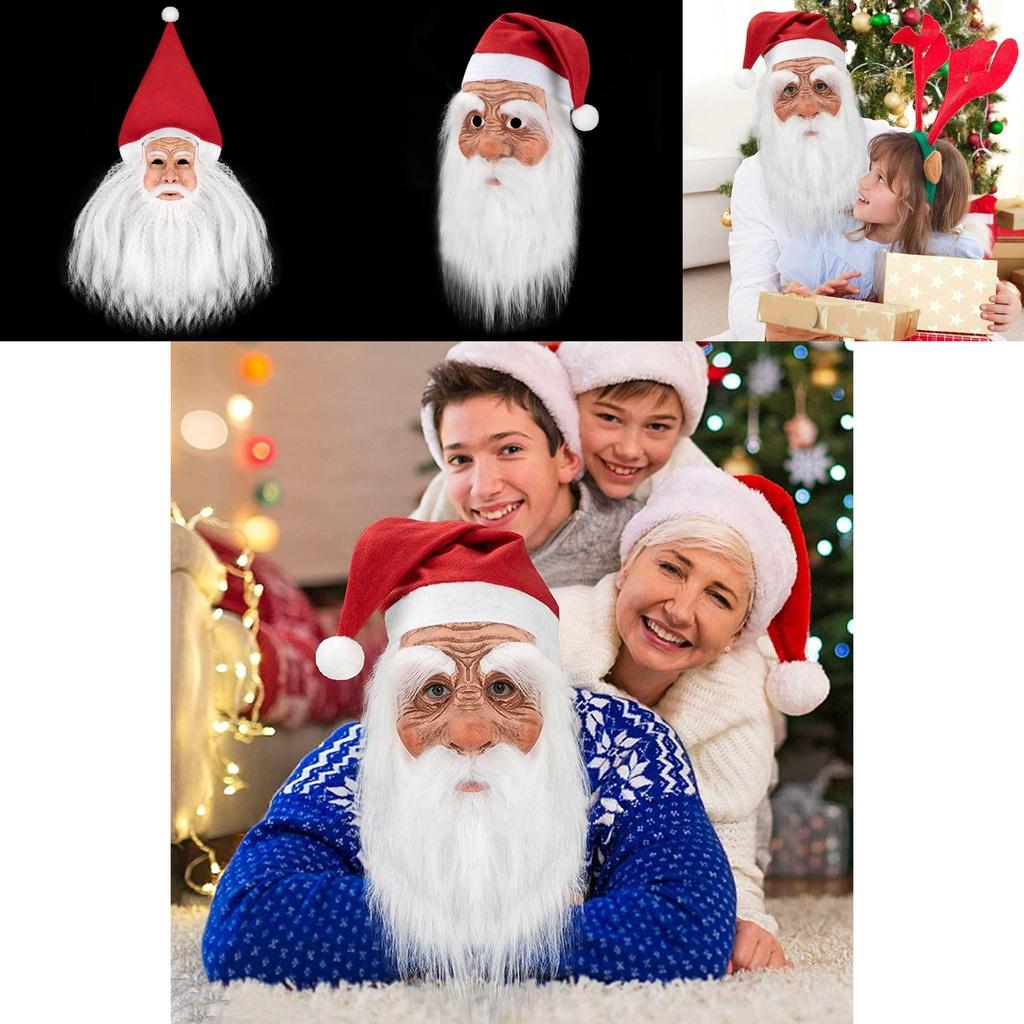 Christmas Latex Santa Claus Cap With White Beard Mask Role Play Fun Props