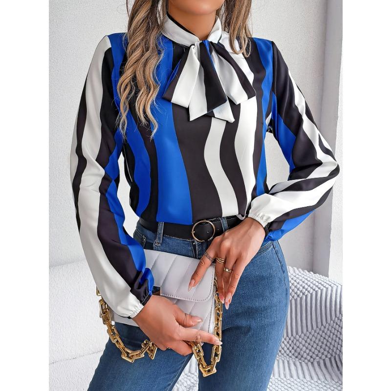 Women Color Block Wavy Stripe Tie Neck Long Sleeve Blouse S синий
