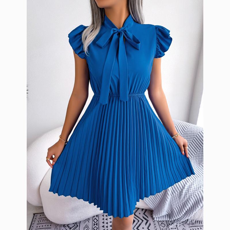 Spring Summer A Line Casual Dresses Women Lace Up Waist Pleated Office Lady Dress Elegant Ruffled Solid Loose Dress Female Clothing 24114