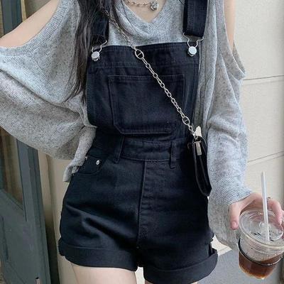 Tute in Denim con Bretelle Donna Vintage Casual Semplice Streetwear College Estate Dolci Versatili Vita Alta