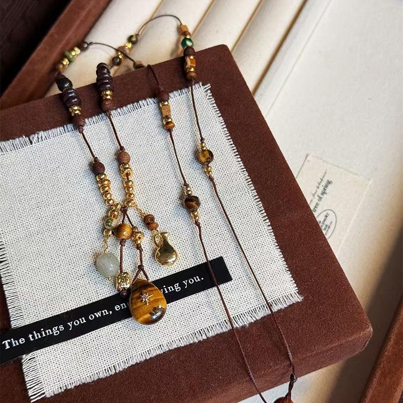 Tiger Eye Teardrop Beaded Necklace - Ethnic Style Retro Sweater Chain, Light Luxury High-End Accessory