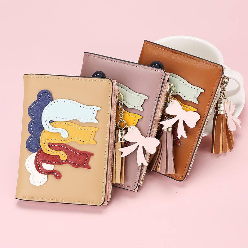 Women’s Cute Cat Pattern Short Wallet PU Leather Bifold Wallet Zipper Coin Purse Card Holder Tassel Mini Wallet for Girls and Ladies