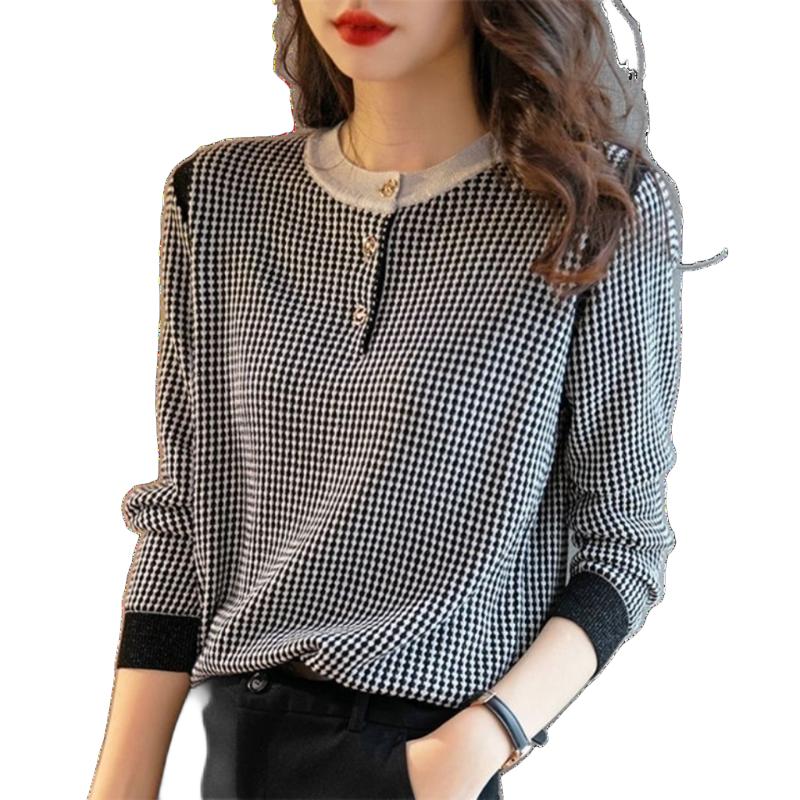 Women s Korean-Style Casual Plaid Pullover Sweater Loose Slimming Buttoned Long-Sleeve Base Layer Top S