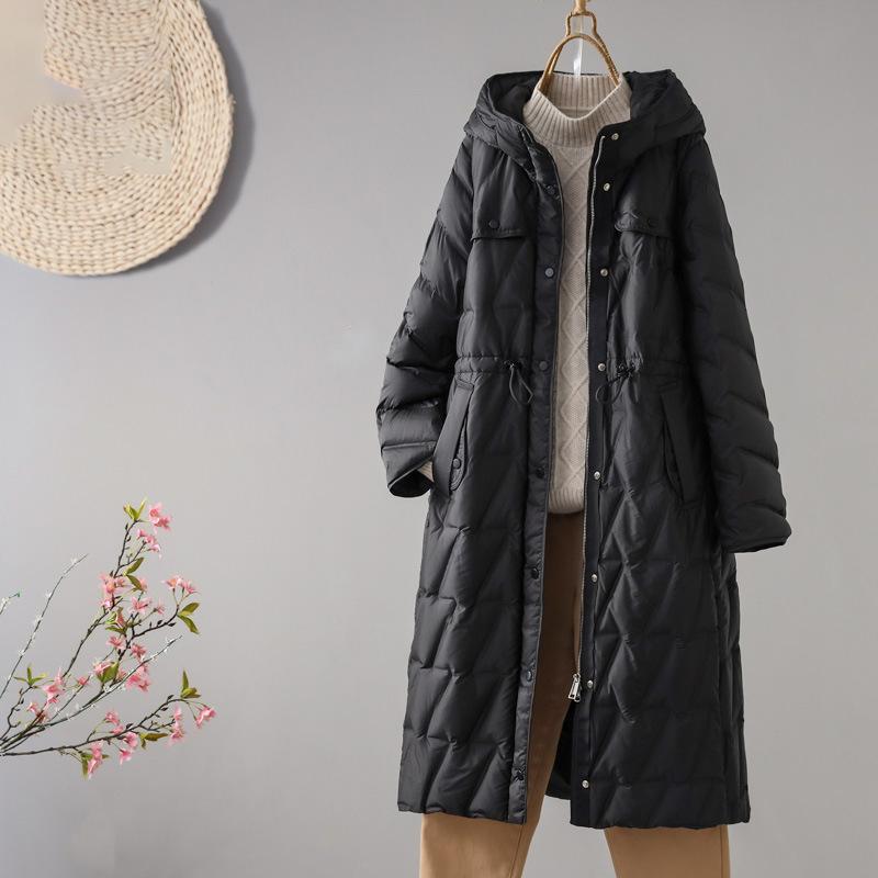 

Длинный женский пуховик Осень Зима До колена Приталенный Теплый Женское пальто С капюшоном Талия Повседневный Парка Уличная мода XS