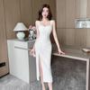 Women's Sexy Spaghetti Strap Waist-Hugging Slit Pleated Bodycon Mid-Length Summer Dress for Nightclub