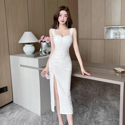 Damen Sexy Spaghetti-Träger Taillenbetonendes Schlitz Plissee Bodycon Midilanges Sommerkleid für Nachtclub