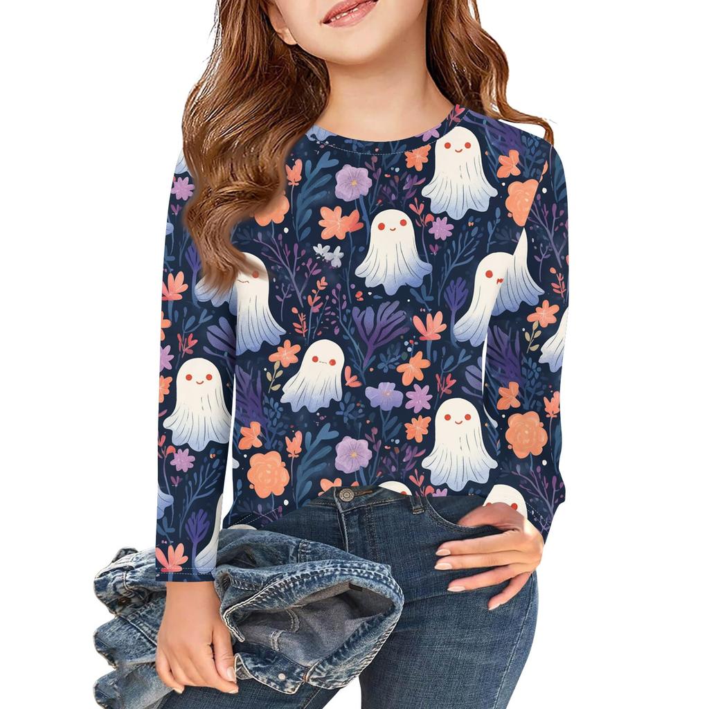 Girls Long Sleeve T Shirts Kids Fall Tops Crewneck Halloween Printed Basic Tees 3-9Y