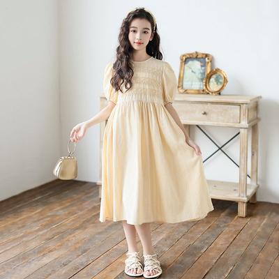 Girls' Fashion Apricot-Colored Dress Summer Children's Elegant Loose-Fit Slimming Dress