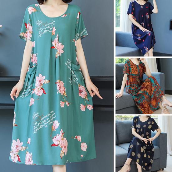 Mother Dress O Neck Colorful Short Sleeve Plus Size Flower Print Big Pockets Summer Dress Daily Clothes