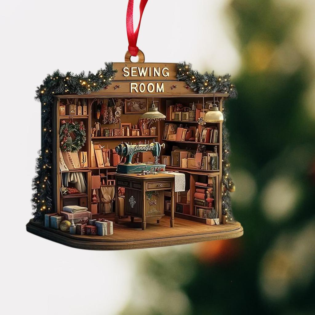 Vánoční akrylová ozdoba Grafický design Šicí pokoj Ozdoba na vánoční stromeček Vintage šicí stroj Ozdoba Dárky do punčochy