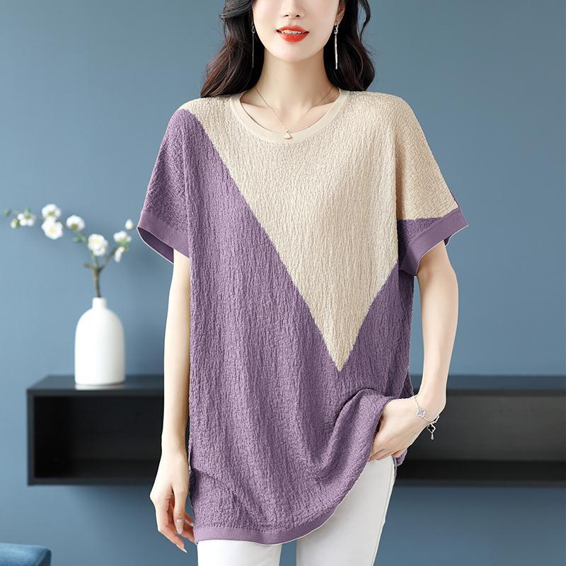Large Size Loose Color Blocked Ice Silk Medium Long Casual Short Sleeved Knitted Top for Women