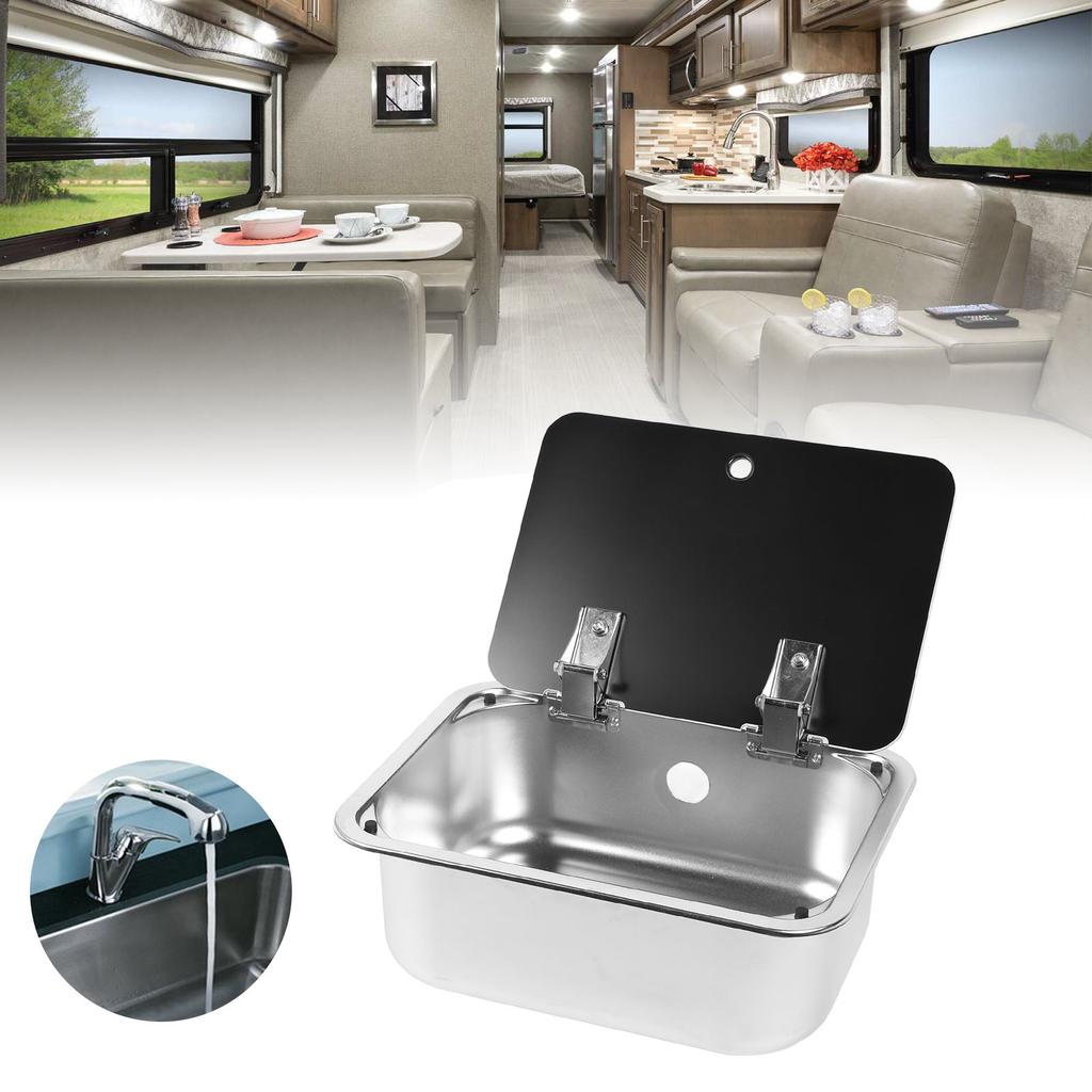 RV Sink Square 15.2 X 11.2 X 5.44in Single Bowl Stainless Steel Sink with Tempered Glass Lid and 40mm Drain Hole