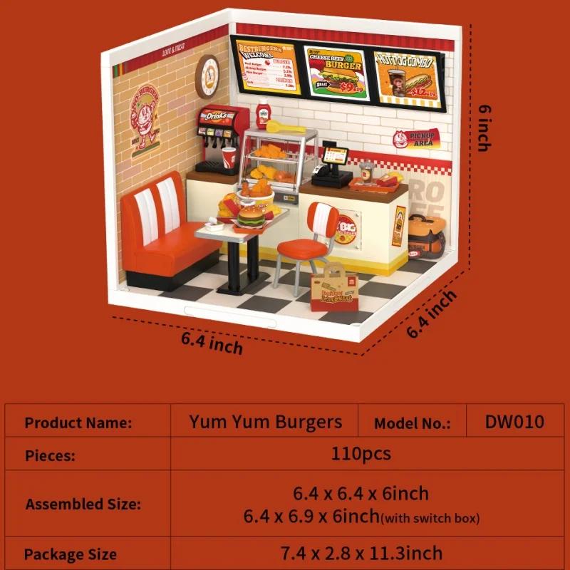 Robotime DIY Miniature House Kit Dollhouse Model Kit with LED Burger Shop And Leisurely Cheers Bar And Sweet Sips Tea