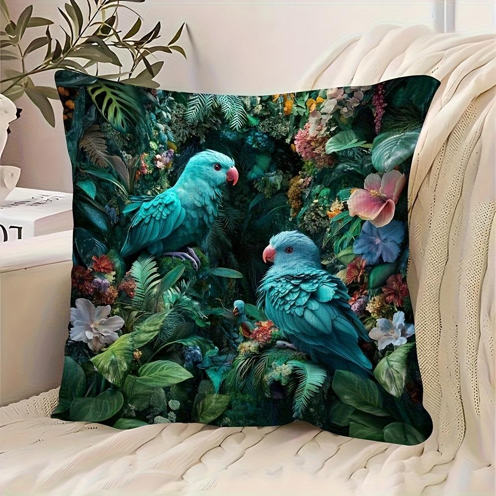 2D flat- Tropical Teal Parrot Jungle Floral Throw Pillow Cover Botanical Greenery Cushion Case for Home Sofa Bedroom Decor
