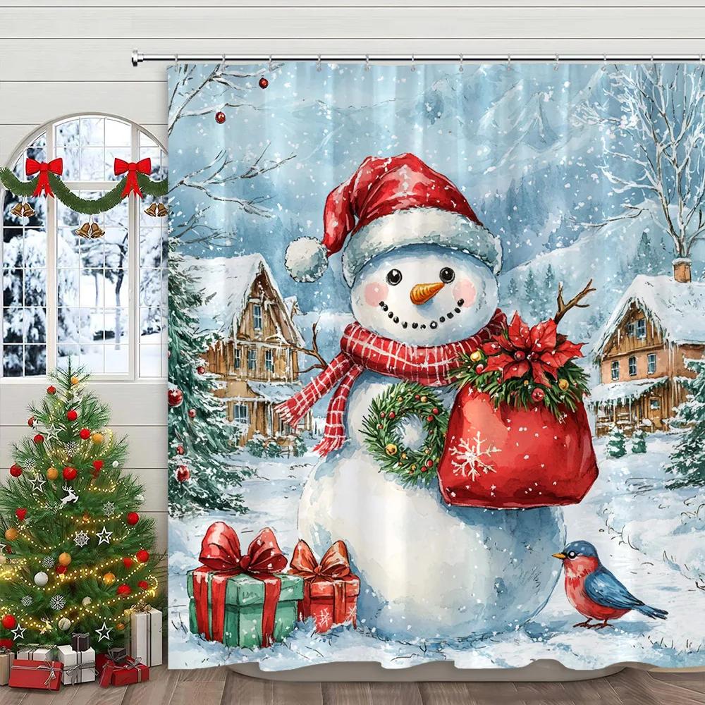 Pink Christmas Printed Shower Curtain Cute Snowman and Christmas Tree Gift Polyester Shower Curtains Bathroom Decor with Hooks