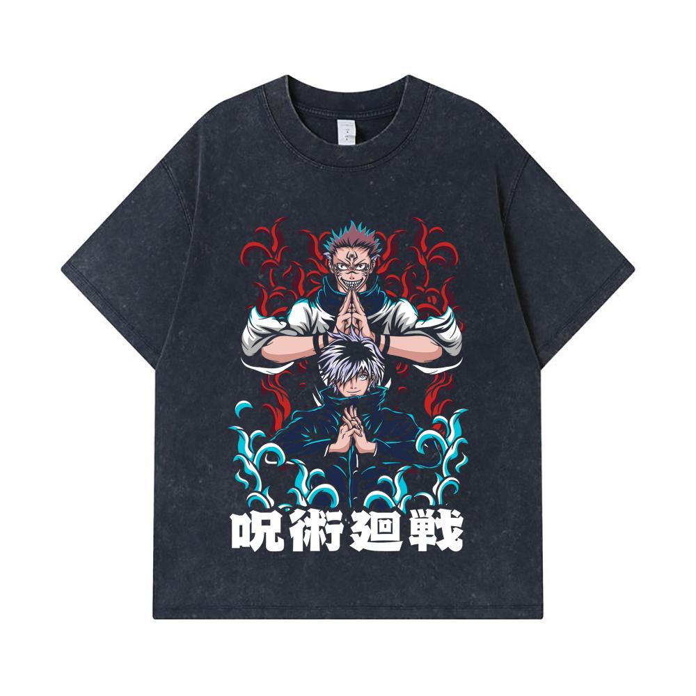 275 GSM Washed T-shirts 100% Cotton Jujutsu Kaisen V49 Gojo Sukuna Print Unisex Heavy Cotton T Shirt