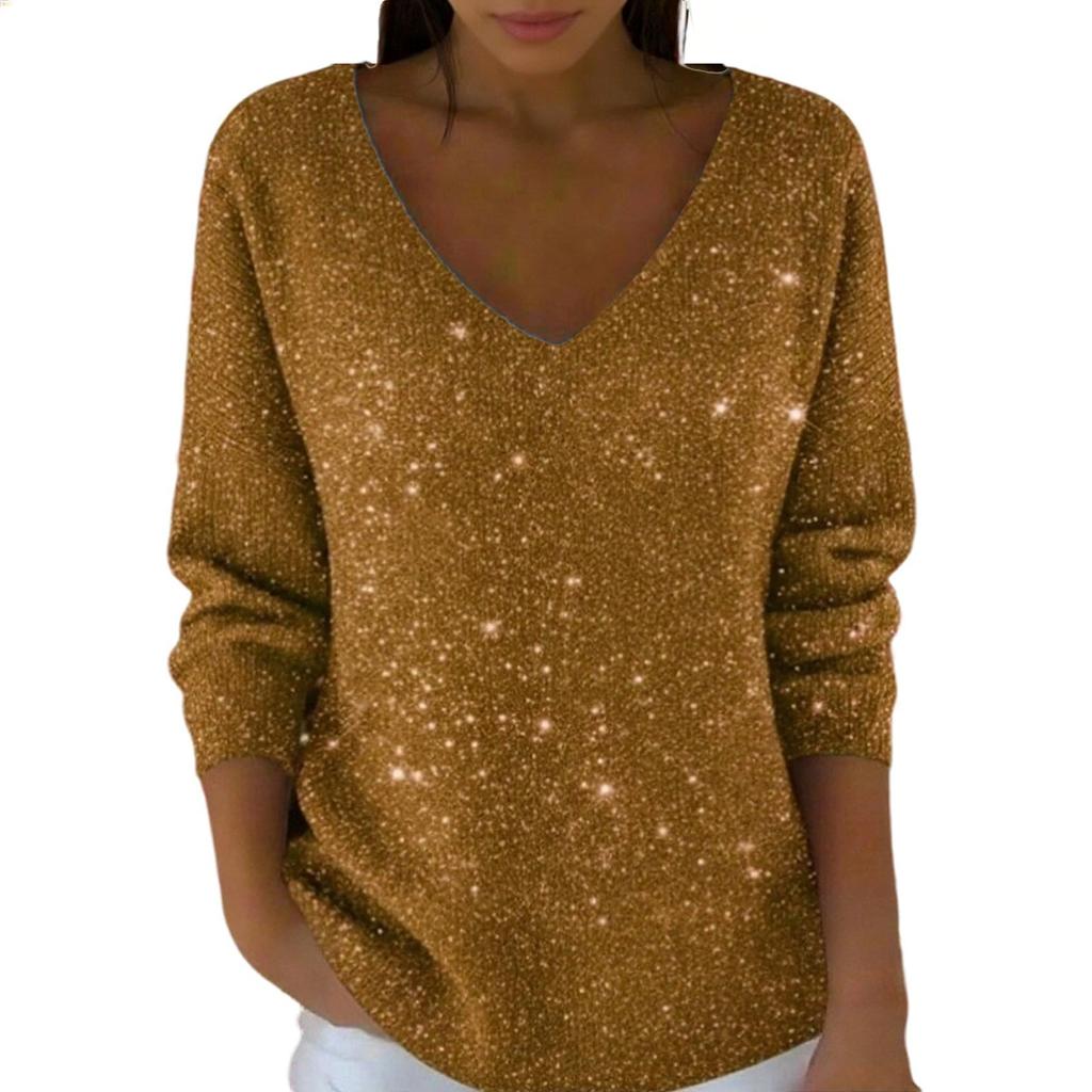 Women's Casual Daily Long-Sleeved V-Neck Faux Sweater Knitted Pullover Top With Sequins