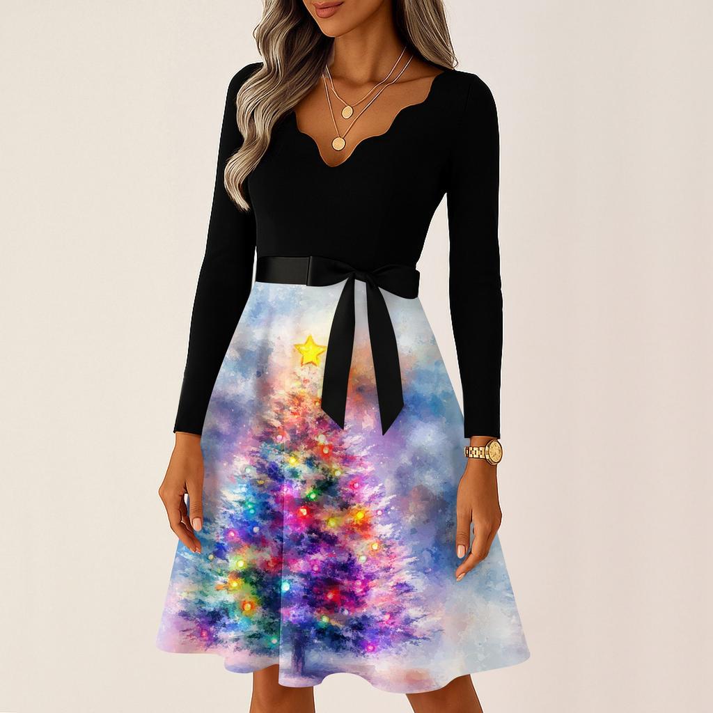 Women's Casual Fashion V Neck Long Sleeve Christmas Printed Party Vintage Long Dresses