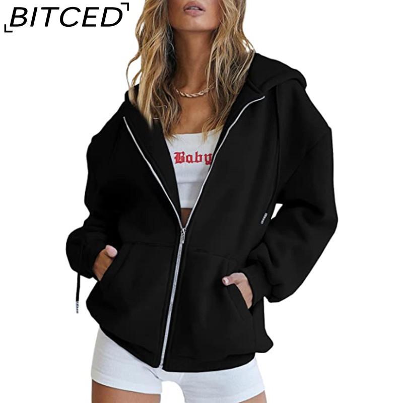 BITCED Unisex Fleece-Lined Hooded Sweatshirt Casual Cardigan with Zip-Up Front
