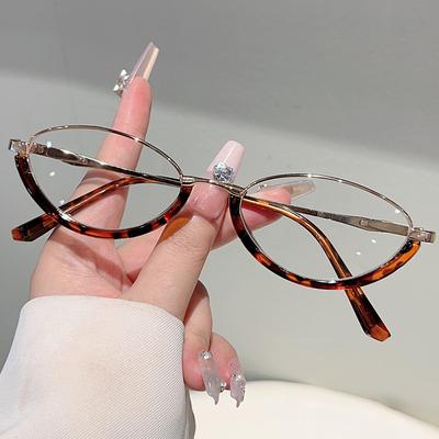 Half Frame Cat'S Eye Flat Mirror Anti Blue Light Glasses For Women Men Retro Frameless Eyeglasses Fashion Amber Glasses