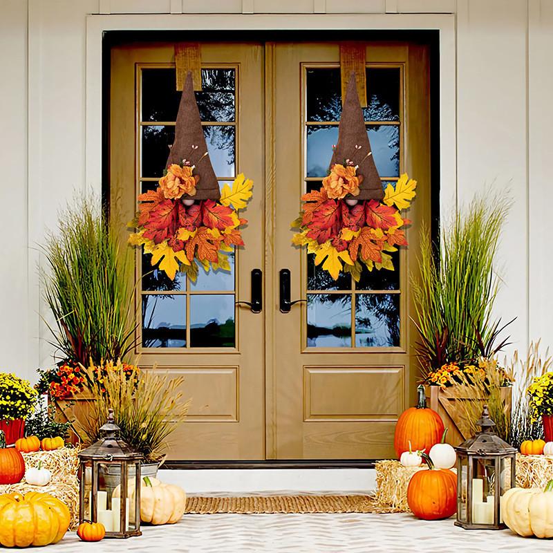 Door Enchanting Thanksgiving Decor Featuring Rustic Autumn Wreath With Dark Maple Leaf Hat
