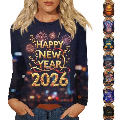 Women's Loose Comfortable Casual Fashion Round Neck New Year Printed Long Sleeve Top