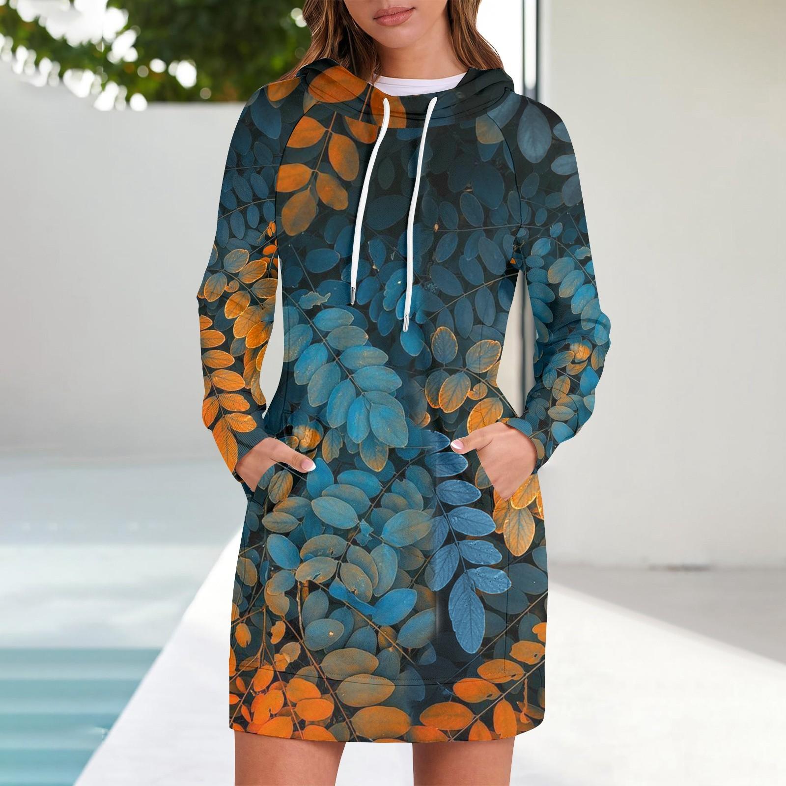 

Женские осенние топы с длинными рукавами и цветочным принтом, с круглым вырезом, в стиле пэчворк, повседневные платья с капюшоном и рукавом реглан XXL тёмно-синий