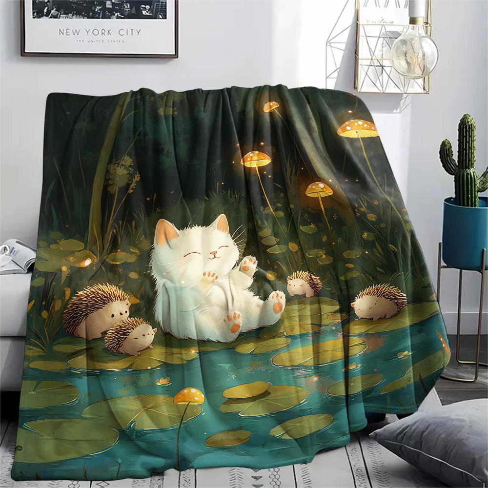Weiße Katzen-Print Flanelldecke, Hohe Qualität, Bequem für alle Jahreszeiten, Heimdekoration, Wärme und Komfort, Perfekt für Weihnachtsgeschenke