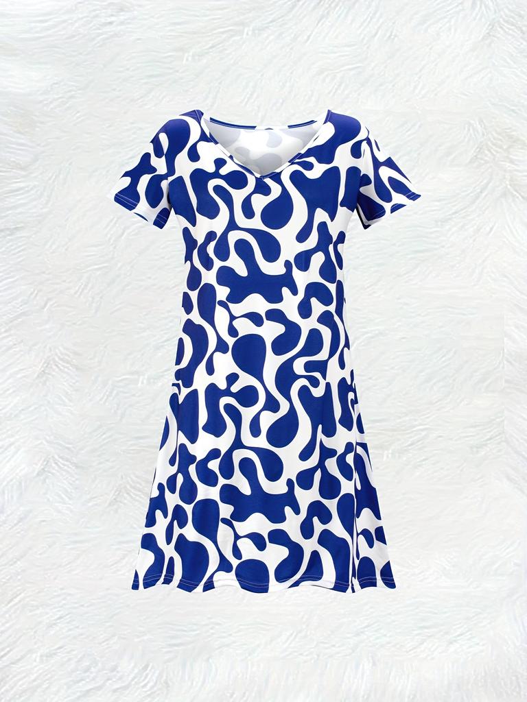 Women's Casual V Neck Short Sleeve A Line Print Dress Blue Leaf Pattern White Background Summer Dress New Fashion
