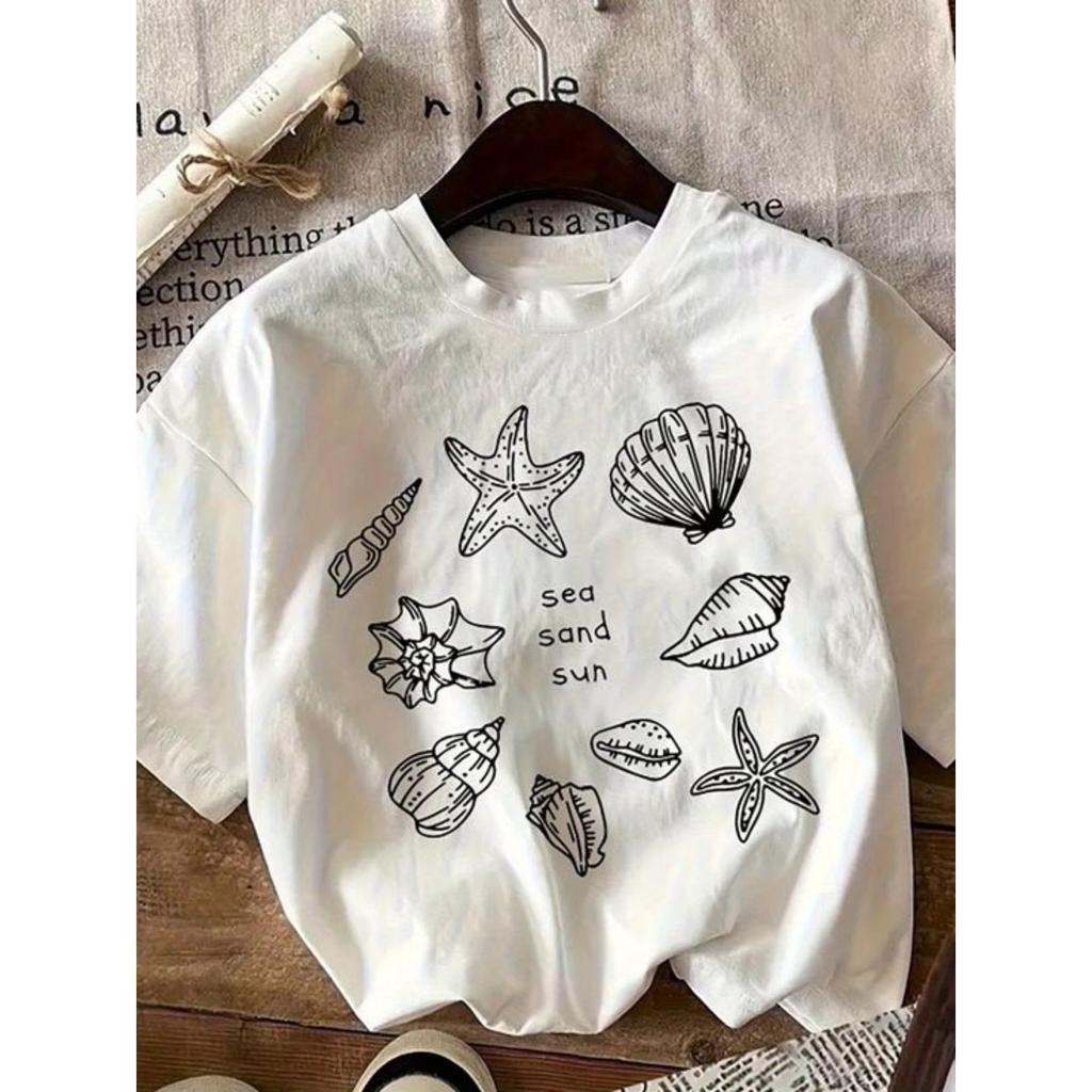 Creative Shell Conch Starfish Printed Tee European American Aesthetic Trend Style For Unisex Streetwear Summer Apparel