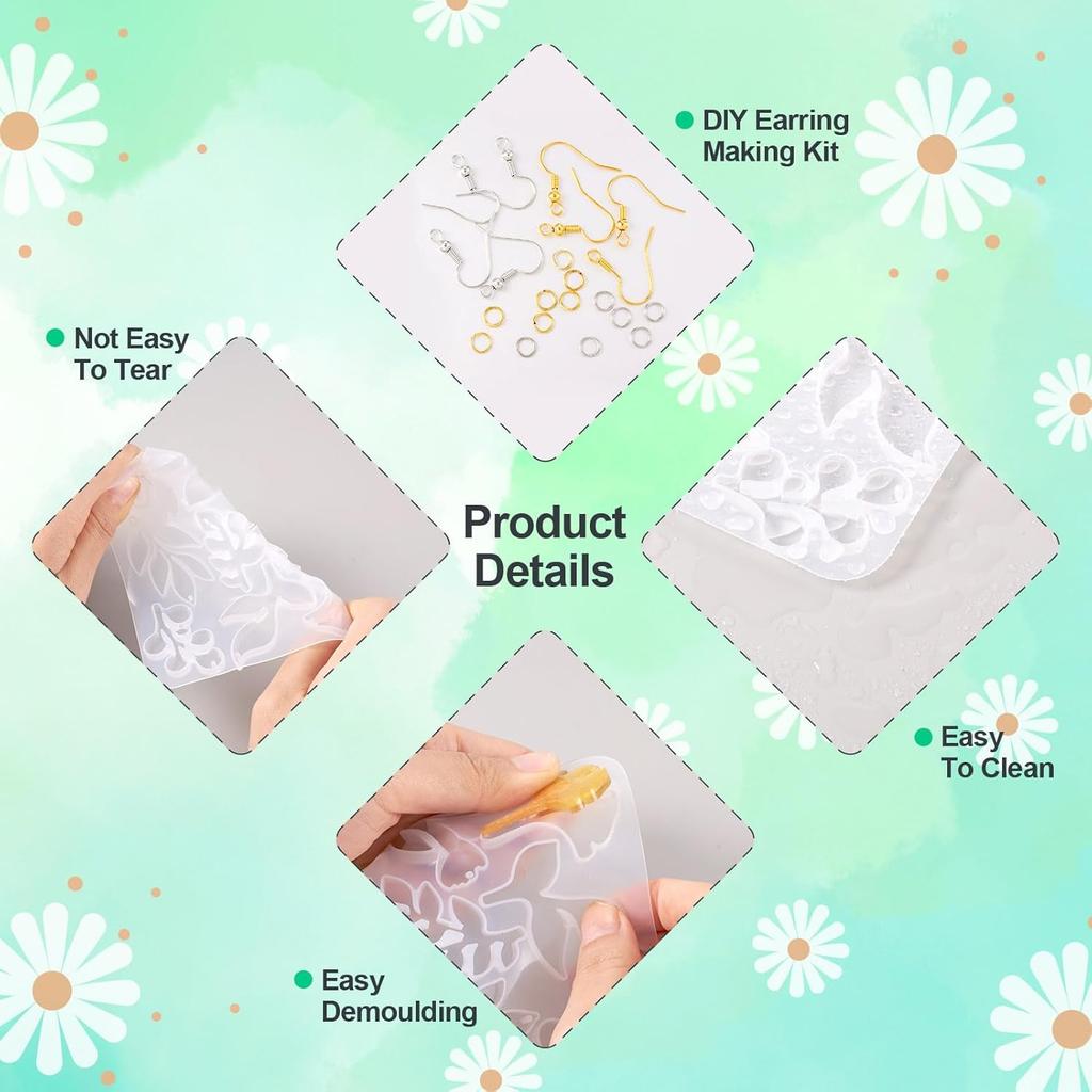 Elecrelive 2 Sets Flower Silicone Pendant Molds with Ear Wires Resin Jewelry Casting Molds for UV Resin Stud Dangle Earring Necklace Keychain Making