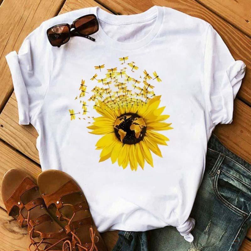 Cotton 100% Comfortable Casual Women's Black Top Women's T-shirt Casual Sunflower Butterfly Print Oversized T Shirt  Tops